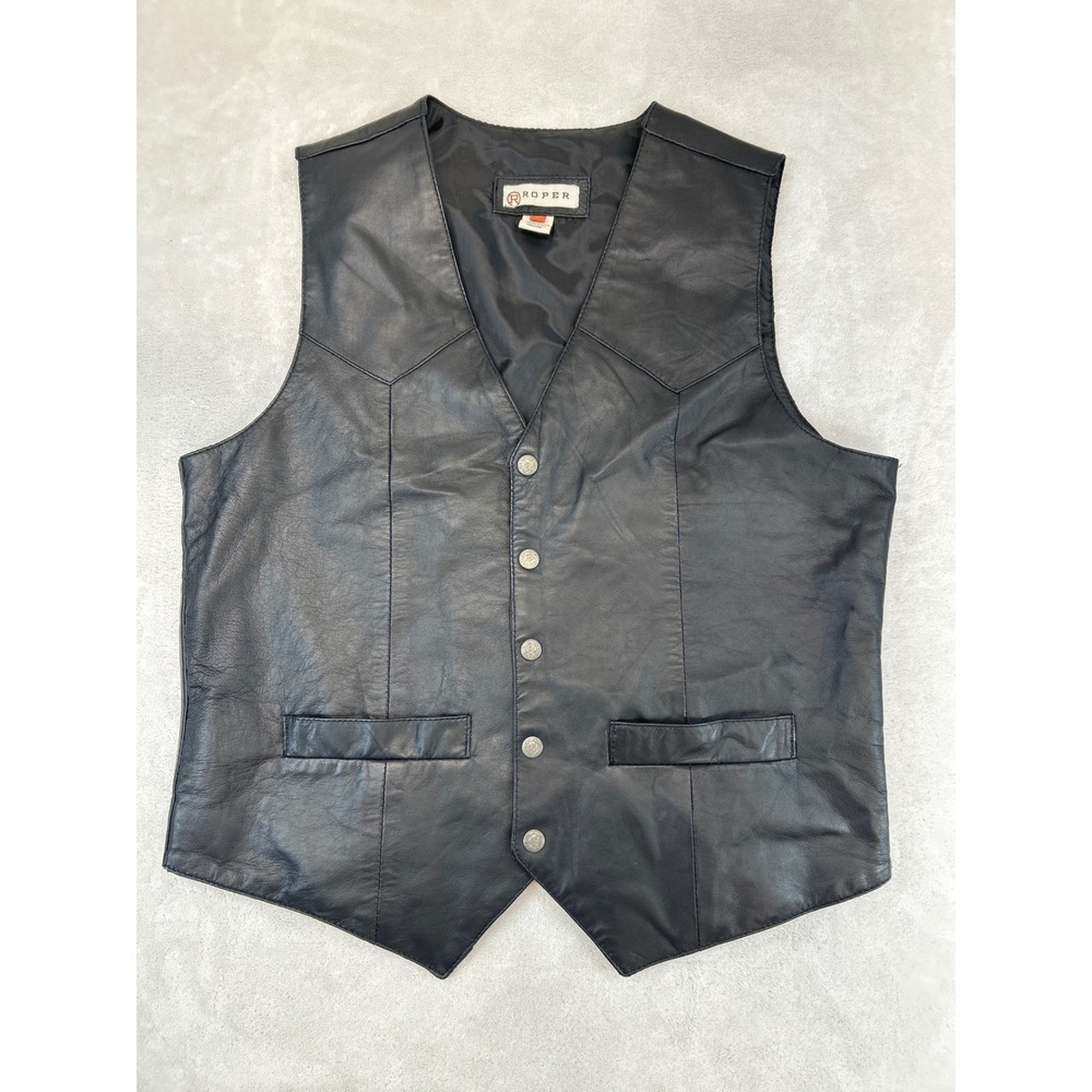 Roper Leather Vest Mens M Black Western Biker Snap Button Yoke Pockets Cowboy